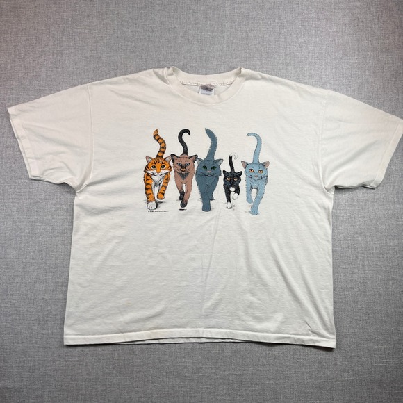 Hanes Tops - VTG 90s Hanes 50/50 Walking Cats Graphic Single Stitch T Shirt Unisex XXL White